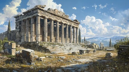 Obraz premium Photorealistic ancient greek temple with marble columns and classical architecture in natural light