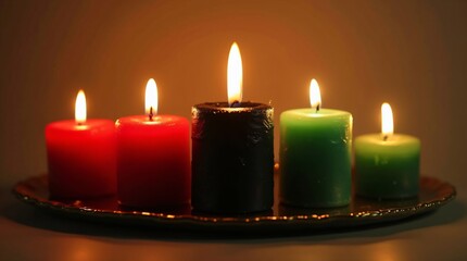Kwanzaa celebration with traditional Kinara red black and green candles. Religion African American holiday, traditional event. Background for design banner, poster, greeting card