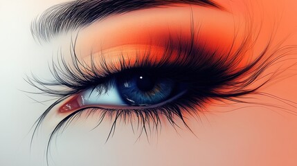 Close-up of a woman's blue eye with dramatic makeup and long lashes, set against a warm, orange background.