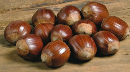 Chestnuts rest on a rustic wooden surface, their smooth, brown shells contrasting beautifully with the weathered grain of the wood. The nuts, arranged in a haphazard yet visually appealing pattern