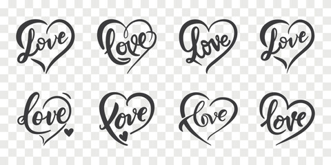 Valentines day handvritten logo text LOVE and heart set