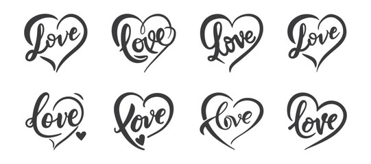 Valentines day handvritten logo text LOVE and heart set