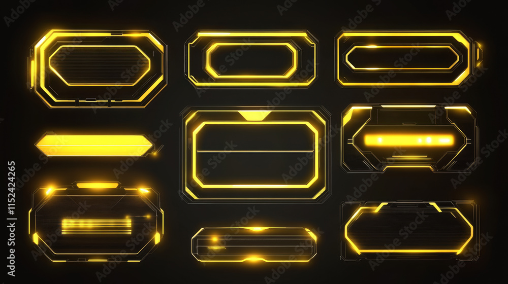 Poster live stream interface elements, overlay frames and buttons with yellow neon glow. vector cartoon tem