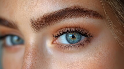 Obraz premium Close-up of a woman's eye with defined eyebrows and lashes.