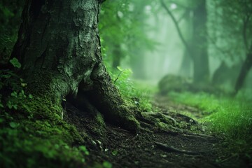 Lush forest path surrounded by mossy trees in a misty atmosphere during early morning