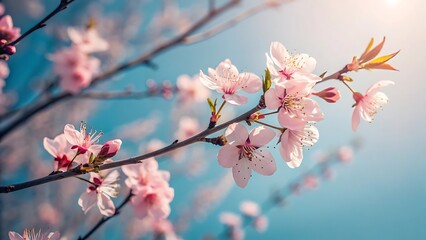Obraz premium Delicate Cherry Blossoms in Full Bloom Against a Clear Blue Sky, Celebrating the Arrival of Spring's Elegance and Beauty