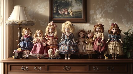 Antique Dolls Arranged on a Wooden Dresser