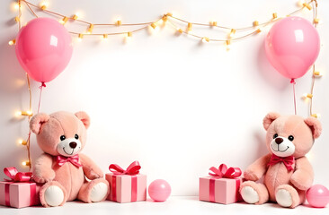 Kids toys on white background. Festive pink frame for text.