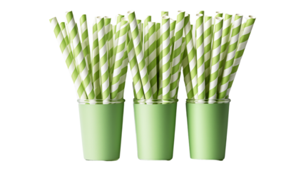A green-striped eco straw offering a plastic-free alternative for sipping drinks with a touch of style, studio view, isolated on transparent background.