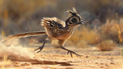 Naklejka premium A small brown and white bird with large eyes runs across a sandy ground, kicking up dust. The sun shines brightly on the bird's feathers.