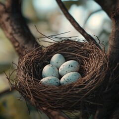 Fototapeta premium close-up of a bird's nest containing five speckled eggs