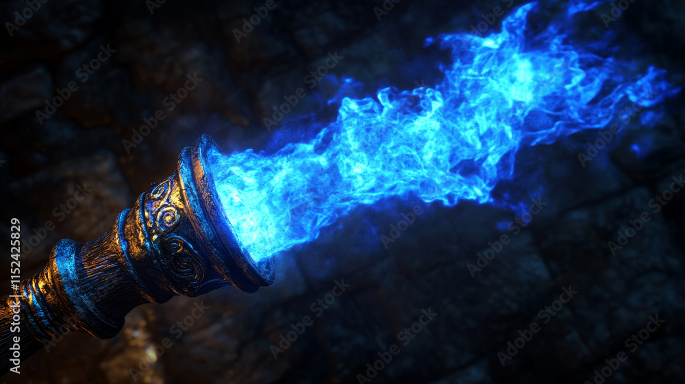 Poster burning fire on old torch for video game. vector cartoon animation sprite sheet with sequence of mag
