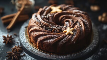 Delicious chocolate swirl cake with cinnamon and star anise tasty food photography