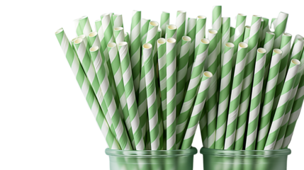 Stylish green-striped paper straw, a biodegradable choice for environmentally conscious drinkers, studio view, isolated on transparent background.