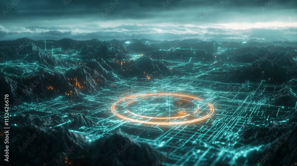 Poster 3d wireframe mountain map with tech grid vector. abstract topography landscape with neon frame and e