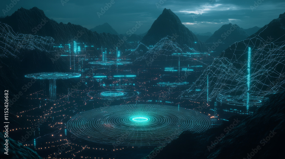 Poster 3d wireframe mountain map with tech grid vector. abstract topography landscape with neon frame and e