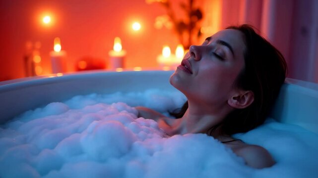 Woman relaxing in bubble bath, background candles burning. Relaxation and rest.