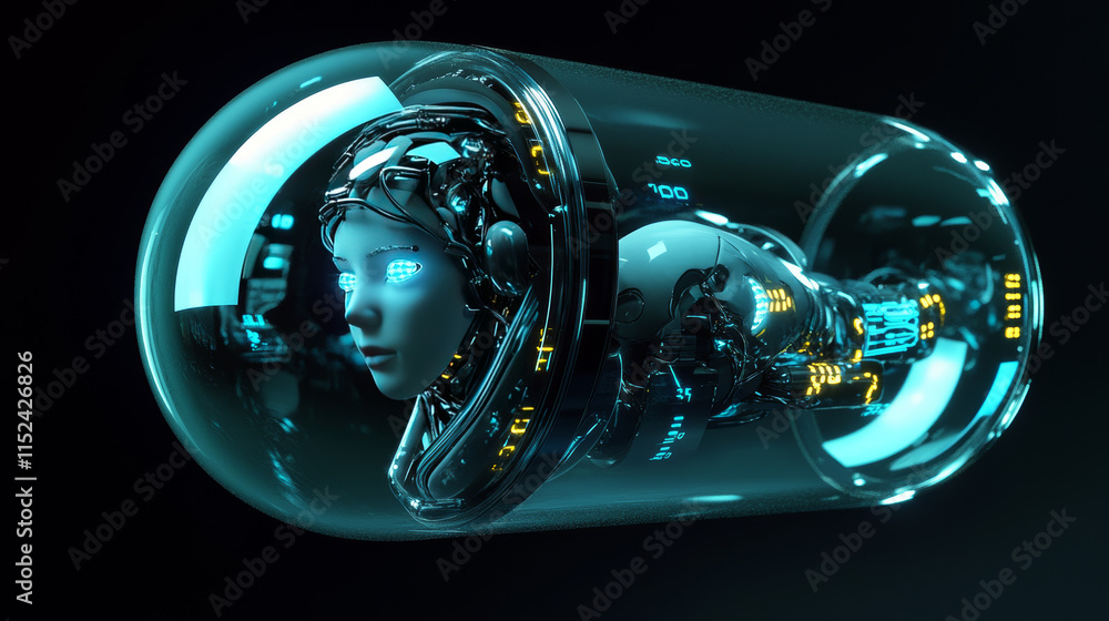 Poster ai robot inside glass capsule of medicine. artificial intelligence or ai in image of female robot in