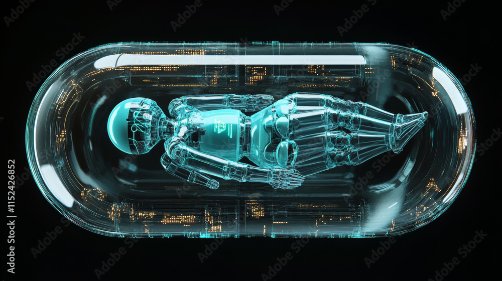 Poster ai robot inside glass capsule of medicine. artificial intelligence or ai in image of female robot in