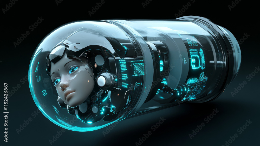 Poster ai robot inside glass capsule of medicine. artificial intelligence or ai in image of female robot in