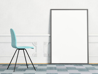 Mock up poster frame on white plaster wall with moldings and chair on blue tiled carpet; minimalist abstract interior scene with poster frame in portrait orientation; 3d rendering, 3d illustration	