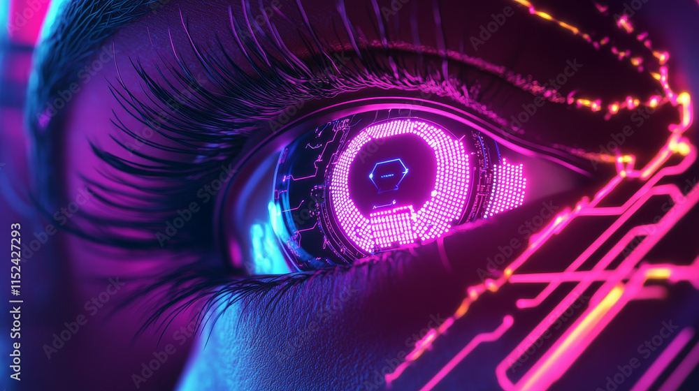 Poster abstract technology eye with a circle power button with neon elements and circuit wires in electric 