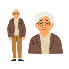Asian senior cartoon character. Vector illustration of an elderly Asian man with a kind expression. He is wearing casual clothing with glasses.