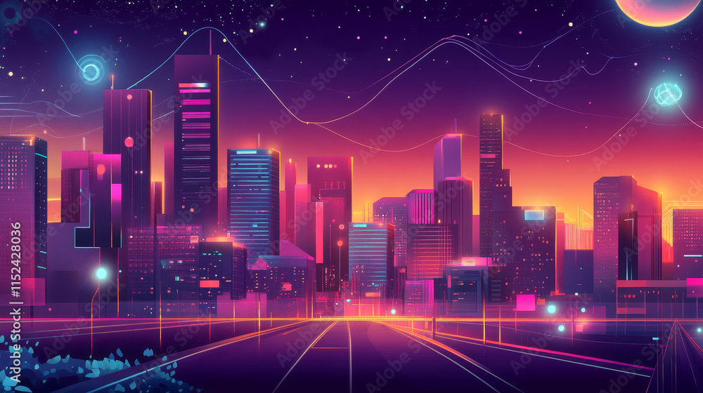 Poster modern city with wireless network connection and city scape concept.wireless network and connection 