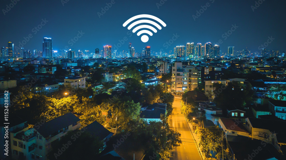 Poster modern city with wireless network connection and city scape concept.wireless network and connection 