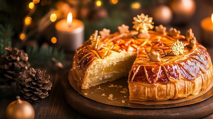 Obraz premium The French Epiphany cake, known as the galette des rois, is a traditional pastry consumed during the Epiphany festival, which commemorates the visit of the three wise men to the infant Jesus. 