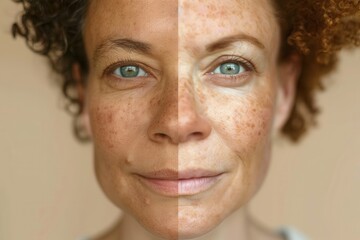 Obraz premium Features of a woman with curly hair presented in a split view showing two different skin tones and textures