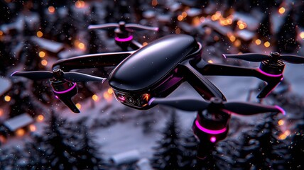 A series of futuristic drones elegantly navigating through snowy urban landscapes during the Christmas season. The collection features sleek, high-tech drones with glowing LED accents delivering holid