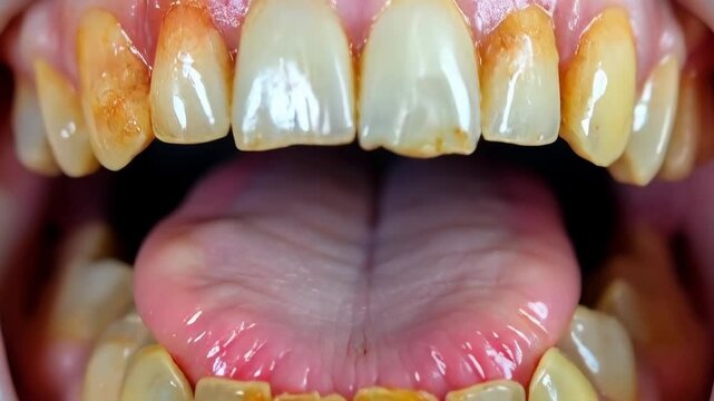Macro close up of human teeth with yellow stains and tartar buildup, illustrating poor dental hygiene and oral health issues.