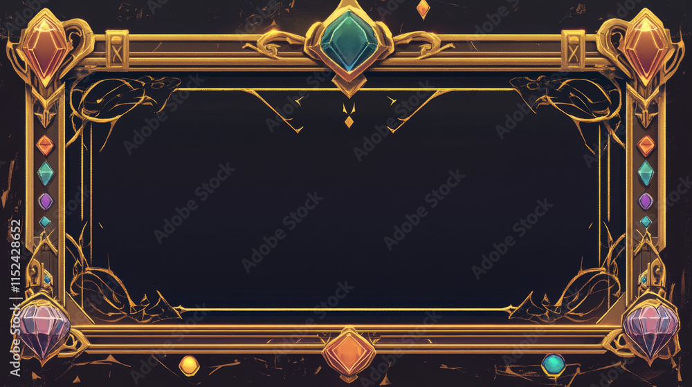 Poster golden fantasy game border ui button frame design. medieval gold metal interface element icon for rp