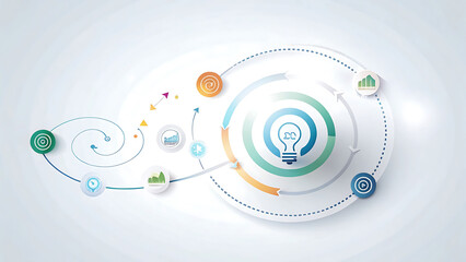 Innovation Process Spiral A glowing spiral design with icons for ideation, planning, execution, and results along its pathway.