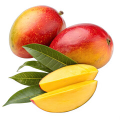 Two ripe mangoes in red and yellow hues sit next to a half cut mango with fresh green leaves highlighting the essence of tropical fruit freshness