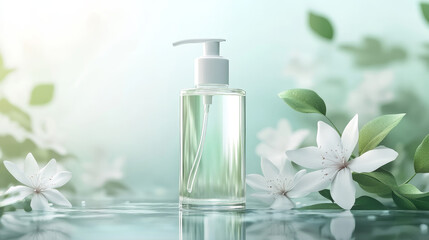 Mockup of white opaque plastic and transparent glass cosmetic bottle with pump cap. Realistic 3d vector illustration set of liquid body and face care gel or lotion container or jar with dispenser.