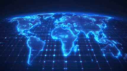 digital world map with blue grid glowing data points technology global communication theme