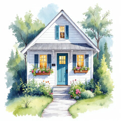 Watercolor of a tiny house, watercolor cabin house