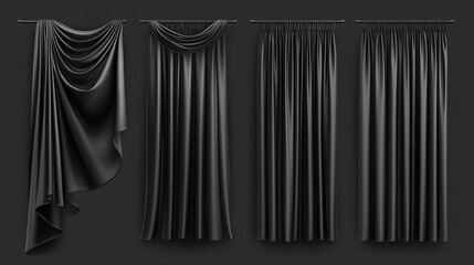 Black window curtains set, folded cloth for interior decoration isolated on transparent background. Soft lightweight clear material, fabric drapery of different forms. Realistic 3d vector illustration
