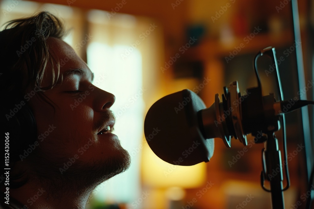 Poster a person singing into a microphone with headphones on