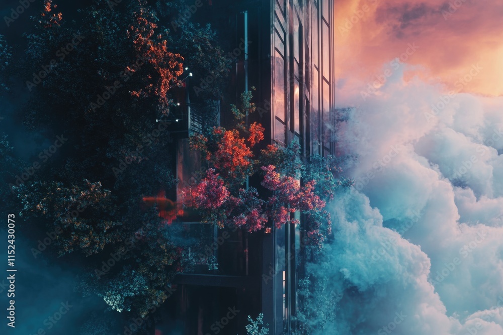 Aufkleber A cityscape with a tall building and surrounding greenery, suitable for use in urban planning or architecture contexts