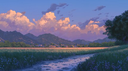 Serene Sunset Landscape: Tranquil Village nestled beside a meandering stream, mountains in the background under a breathtaking sunset sky.