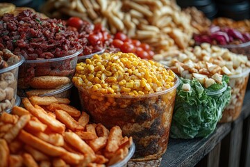 A colorful table filled with various foods and drinks