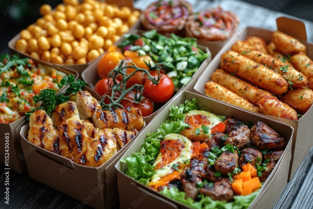 Poster a table with various foods displayed in boxes, ideal for use as a background or prop