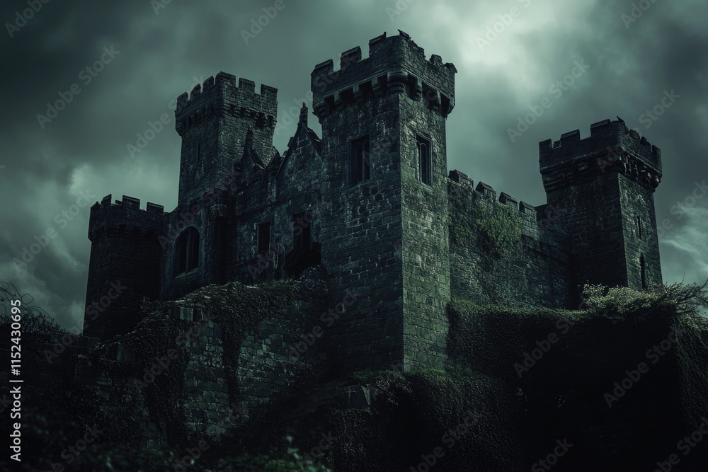 Aufkleber A medieval-style castle with a large clock on its highest point, suitable for use in illustrations about architecture, history or fantasy stories