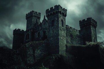 Obraz premium A medieval-style castle with a large clock on its highest point, suitable for use in illustrations about architecture, history or fantasy stories