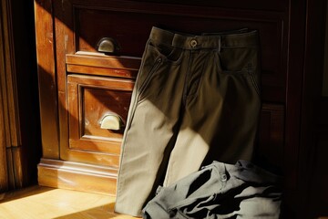 A pair of pants resting on the floor beside a dresser, perfect for use in scenes about getting dressed or undressed