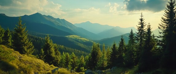 Majestic sunset over a mountain range, with lush green forests and hills.