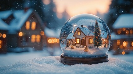 A snow globe sitting on top of a snowy ground, perfect for winter scenes and decorations